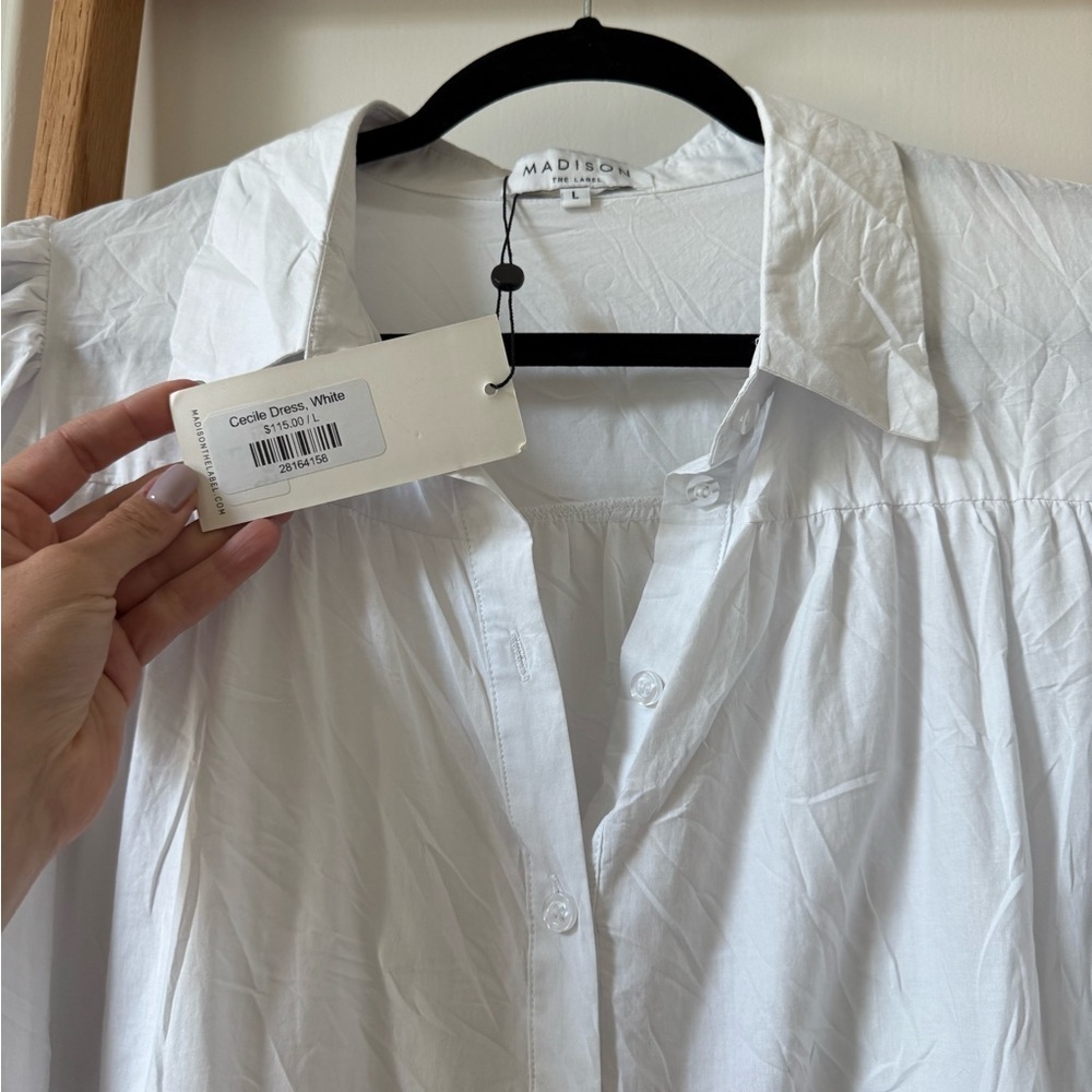 Madison The Label Cecilie Mini Shirt Puff Sleeve Dress - White - NWT - Picture 2 of 6